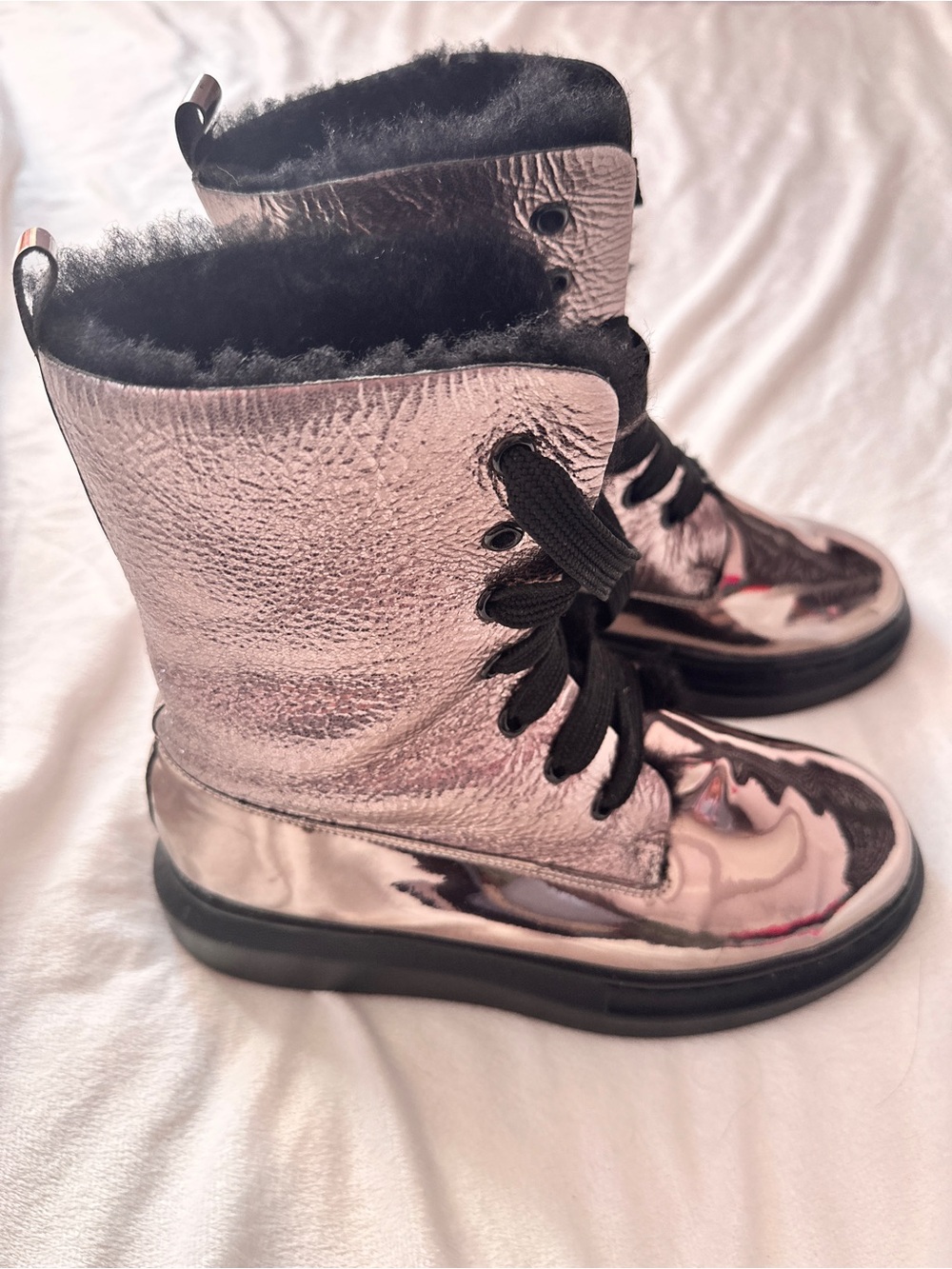 Alexander McQueen Metallic Pink Lace-Up Fur-Trim Combat Boots
